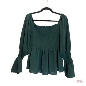 CURLBIUTY Dark Green Smocked Peplum Blouse M